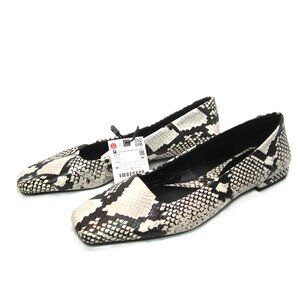 Zara NEW Womens Size 8 Snake Print Flats Square Toe Brown Cream 1/2" Block Heel